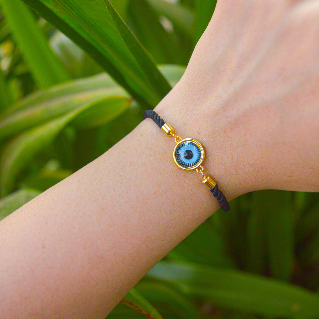 Unisex Simple Turquoise Water Evil Eye Gold Color Bracelet with Black Band