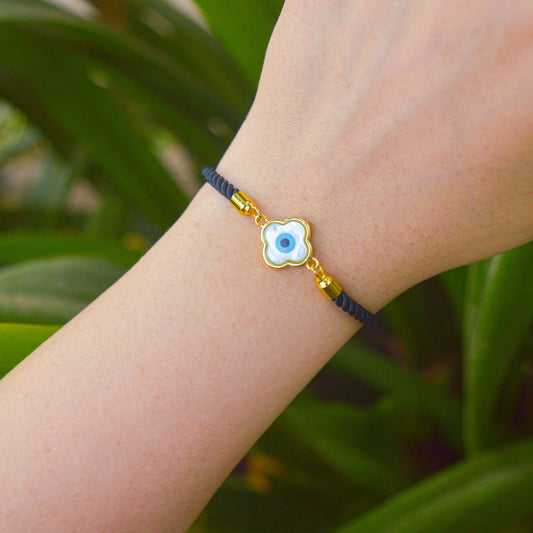 Unisex Gold Clover Mother of Pearl Black Band Bracelet ( Gold )