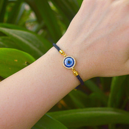 Unisex Gold Nazar Battu Studded Black Band Bracelet ( Gold )