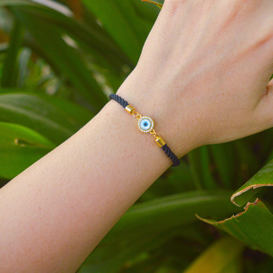 Unisex Gold Tiny Evil Eye Black Band Bracelet ( Gold )