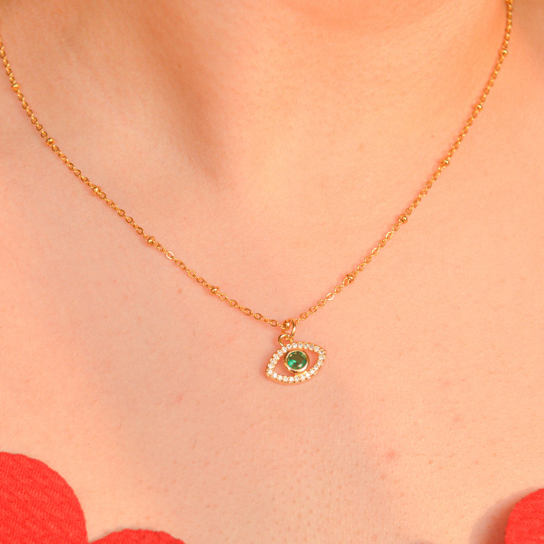 Emerald Green Evil Eye Necklace - Gold