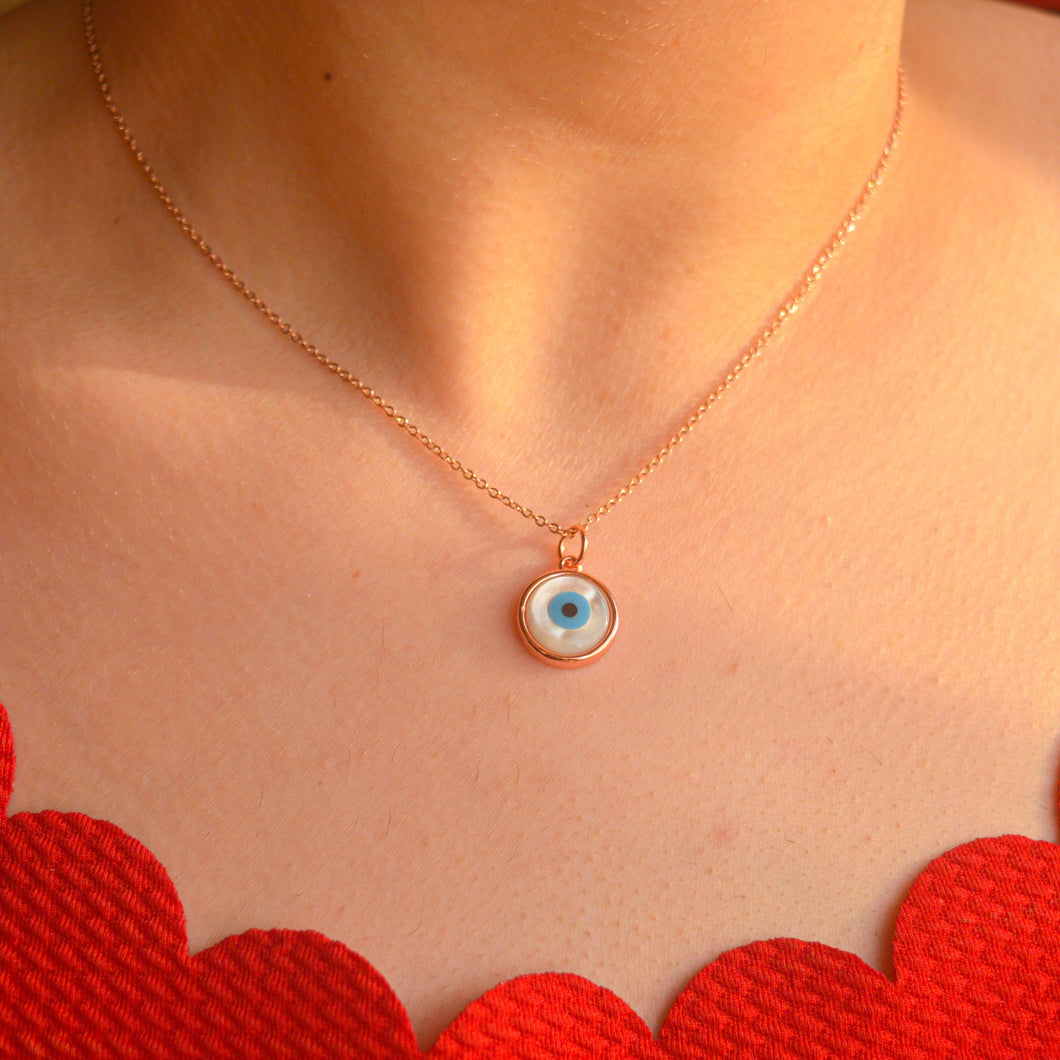 Mother of  White Pearl Evil Eye Necklace - Rose Gold