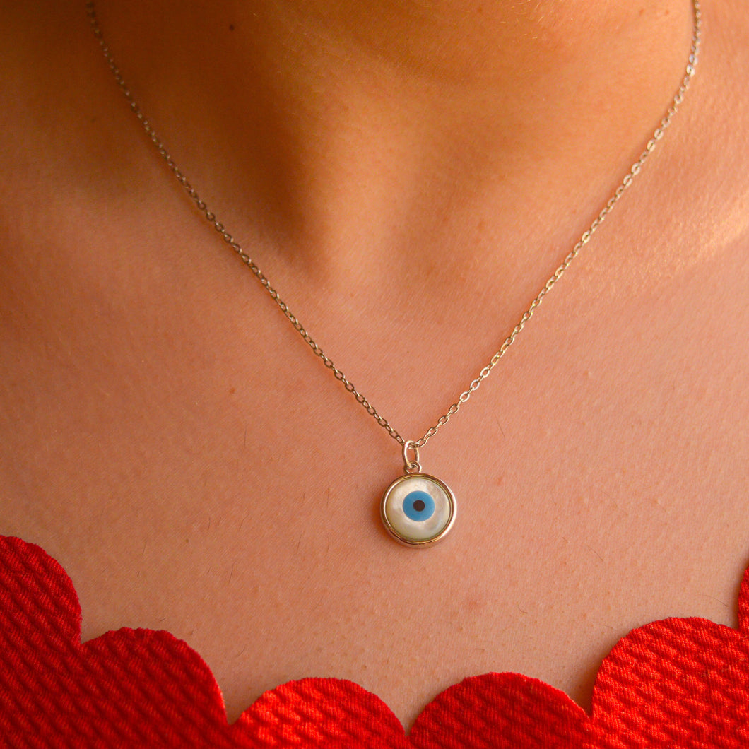 Mother of Pearl White Evil Eye Necklace - Silver