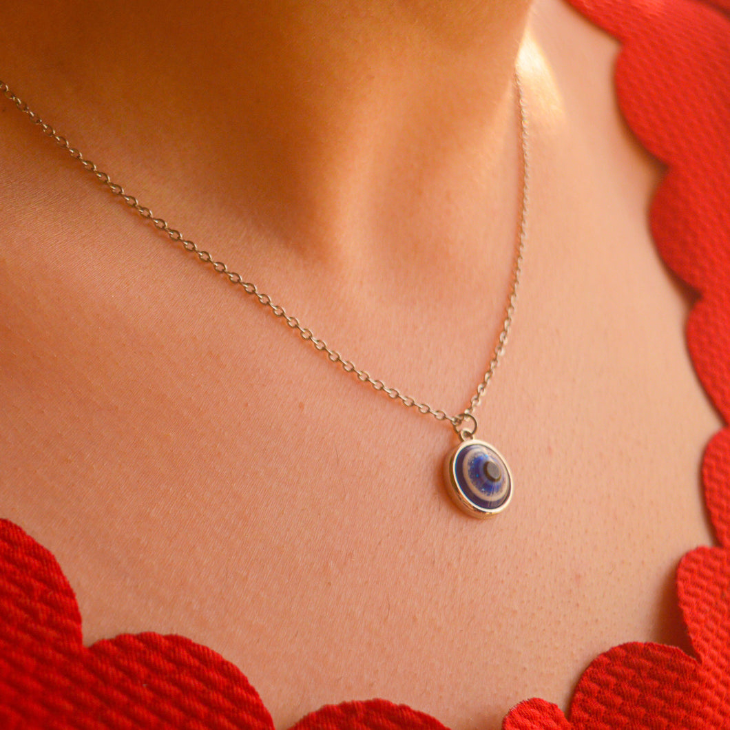 Silver Blue Evil Eye Pearl Necklace