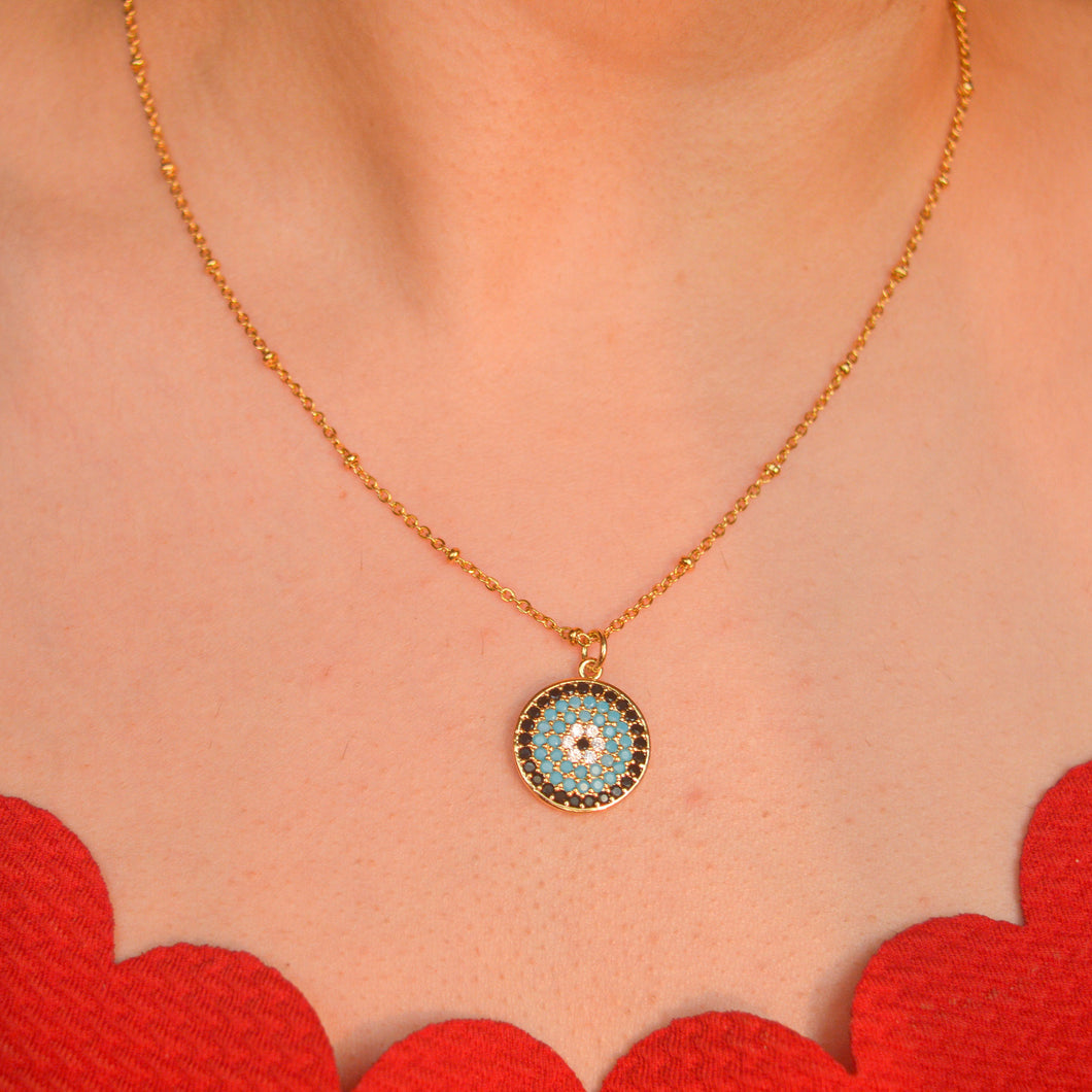 Sky Blue Round  Evil Eye Necklace ( Gold)