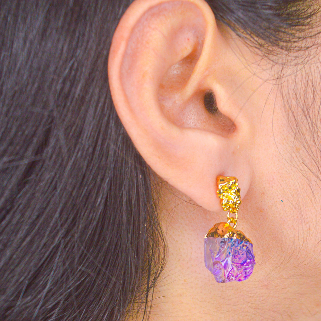 Purple Irregular cube shaped Crystal Stone Earrings - Gold