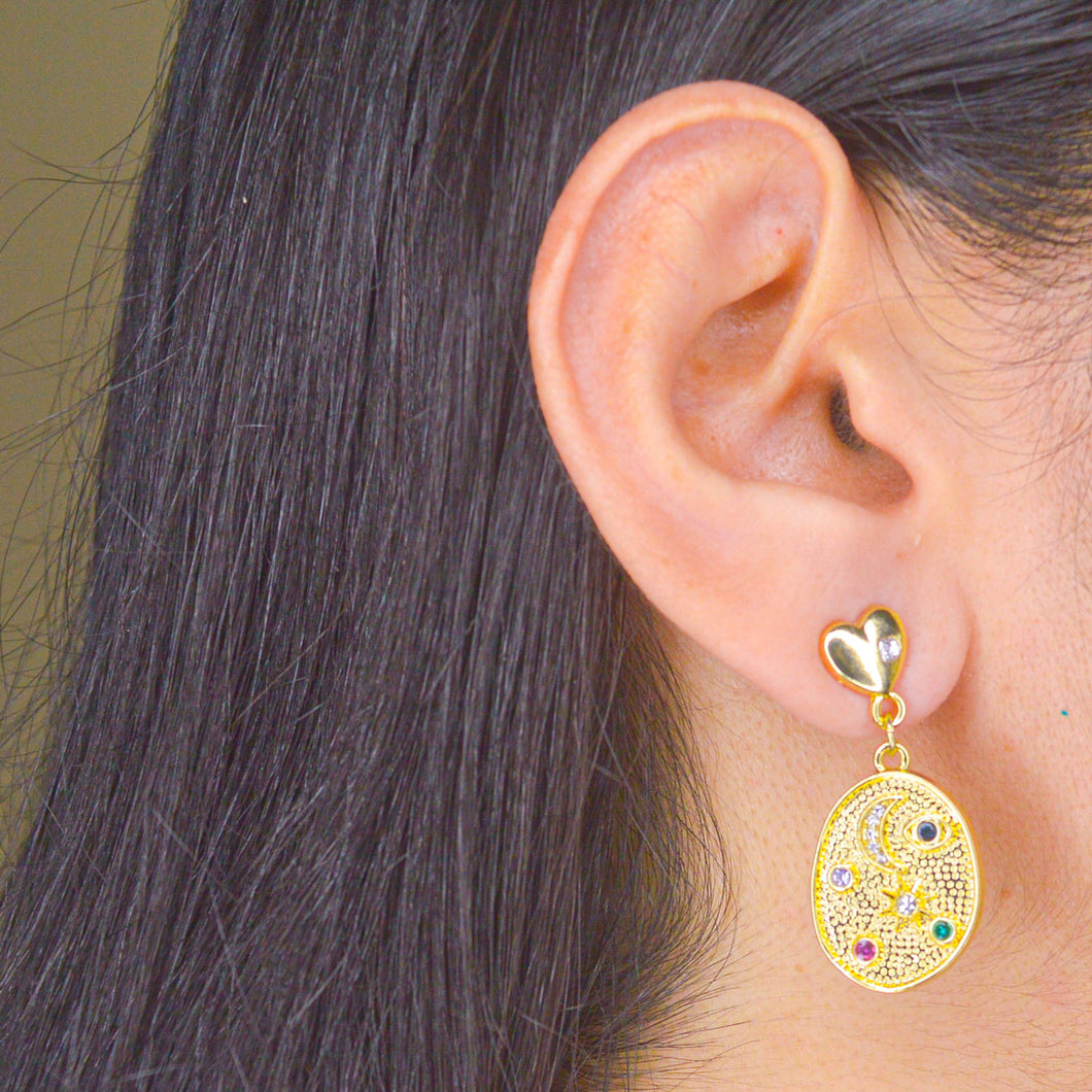 Moon Star & Evil eye Round Earrings - Gold
