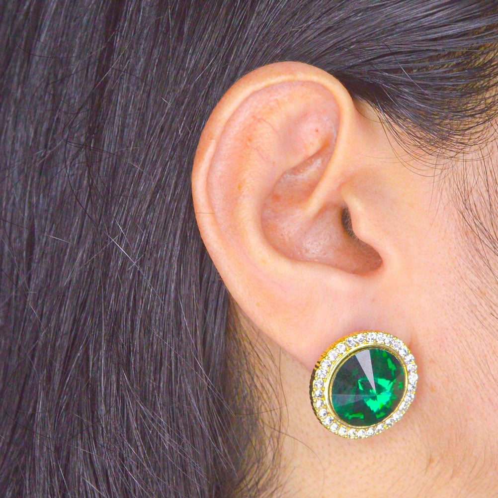 Green Round Diamond Studs Earrings - Gold