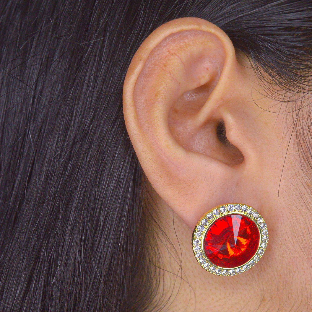 Red Round Diamond Studs Earrings - Gold