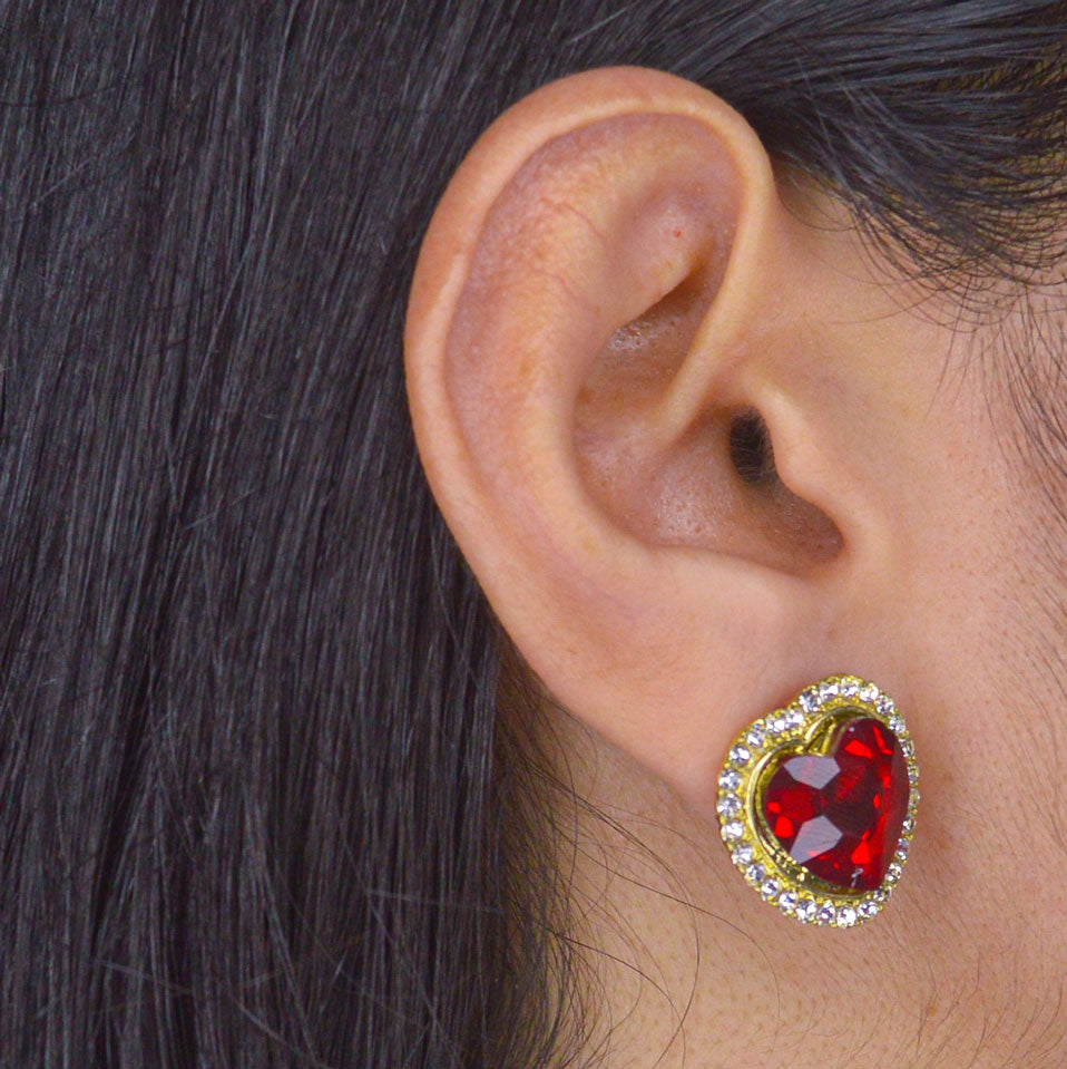 Red Heart Diamond Studs Earrings - Gold