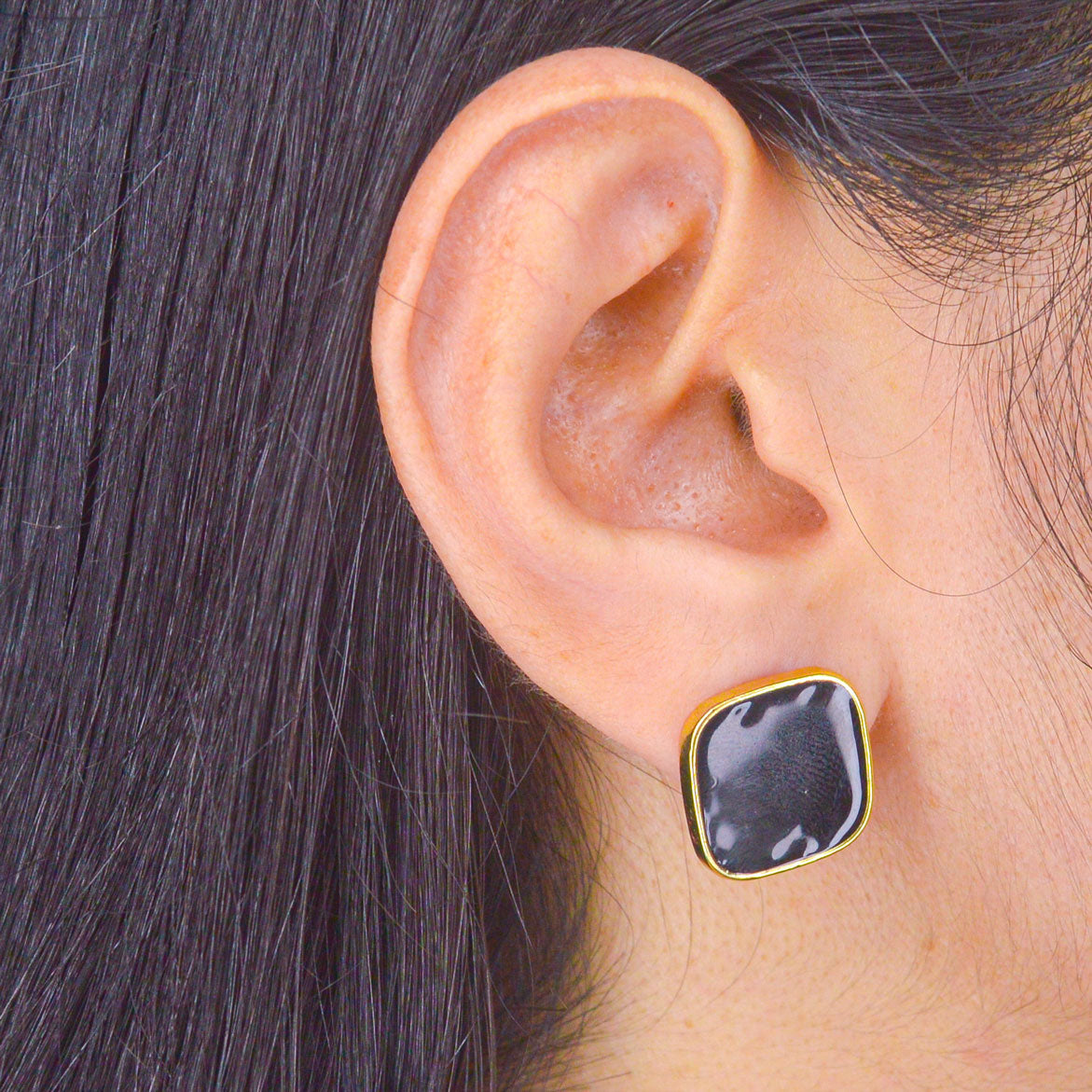 Black Square Studs Earrings - Gold