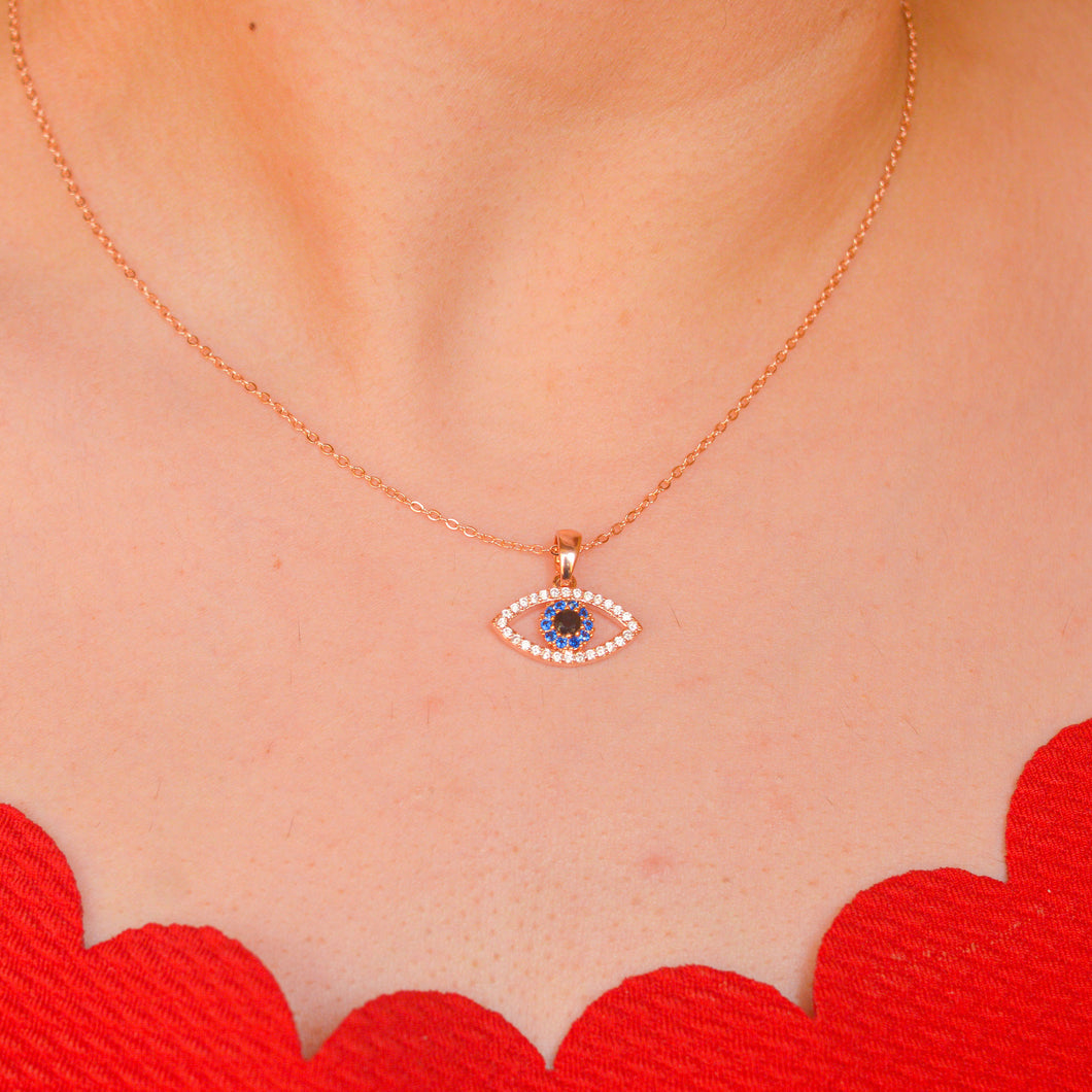 Sapphire Oynx Stone Evil Eye Necklace ( Rose Gold)