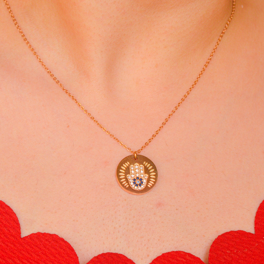 Evil Eye Hamsa Hand Necklace - Rose Gold