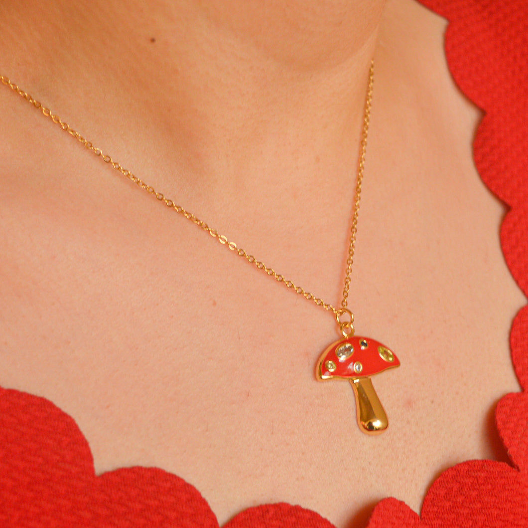 Red Luck Mushroom Necklace - Gold