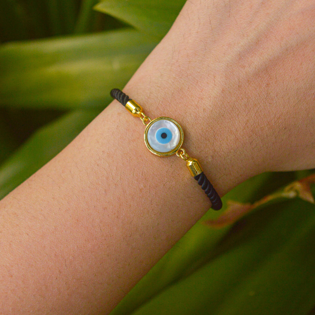 Unisex Gold Evil Eye Mother of Pearl Black Band Bracelet ( Gold )