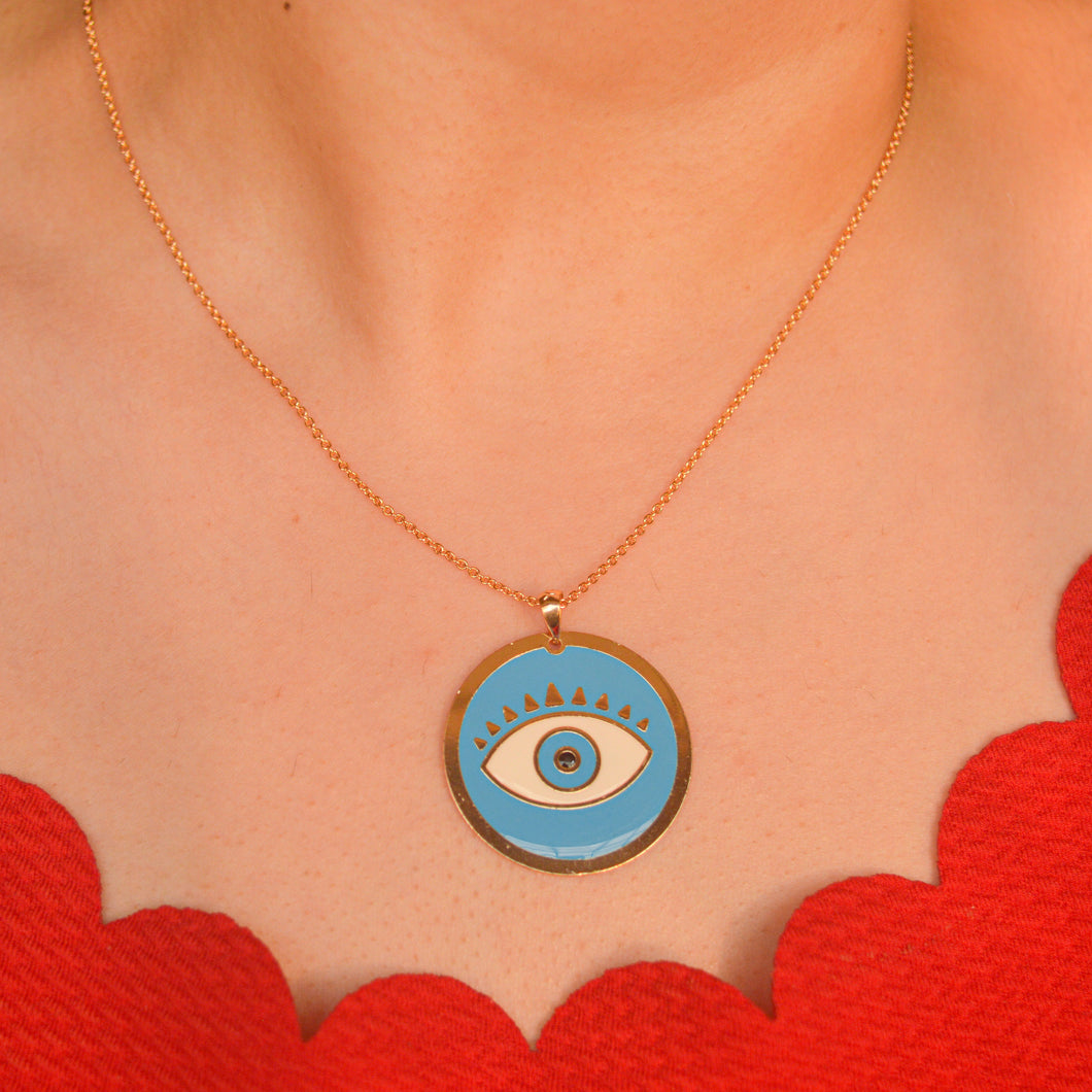Round Blue Evil Eye Necklace - Gold