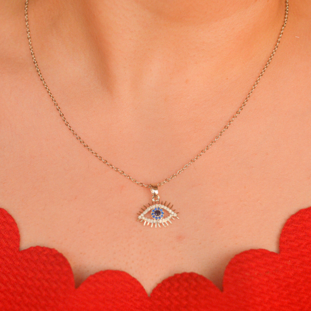 Blue Cyan Evil Eye Necklace - Silver