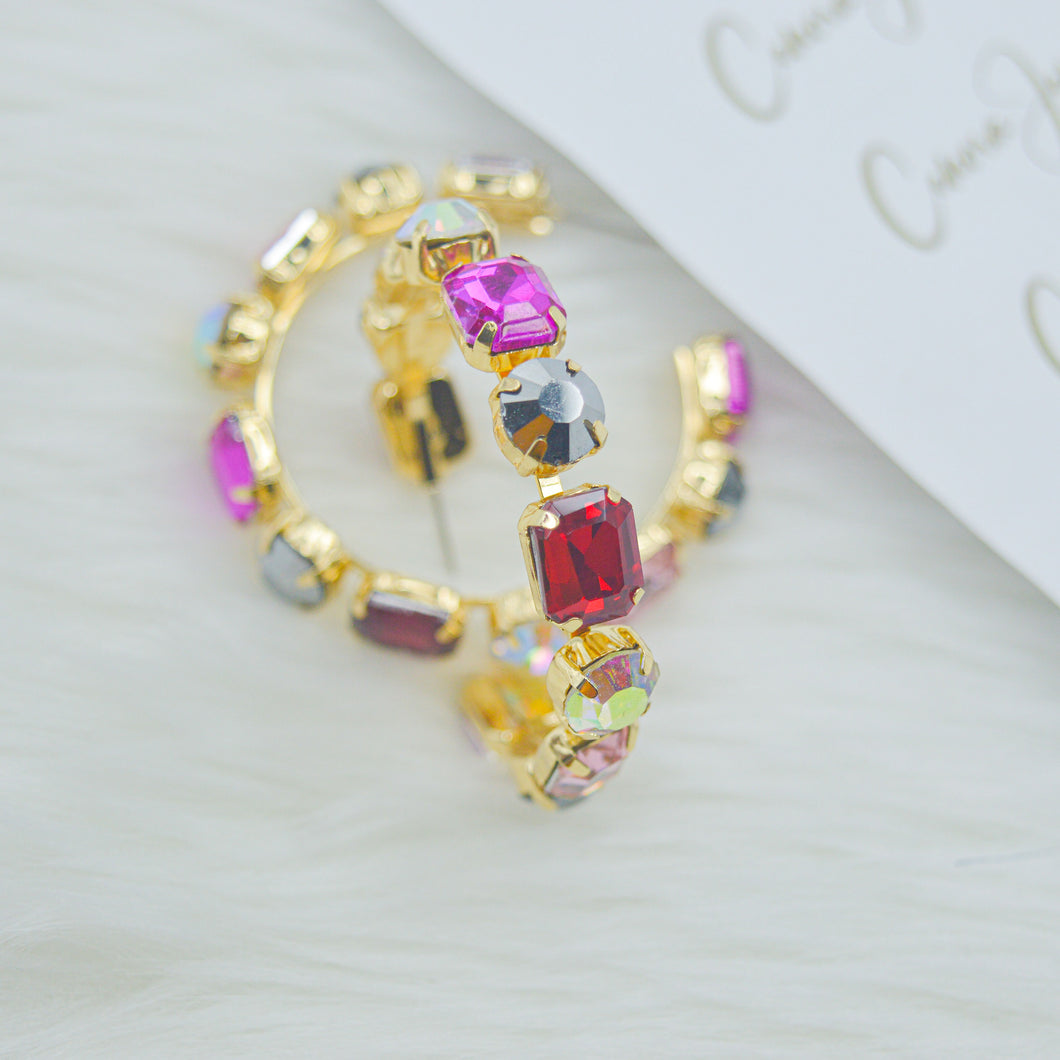 Multi Diamond  Ruby Hoops Earrings ( Gold )