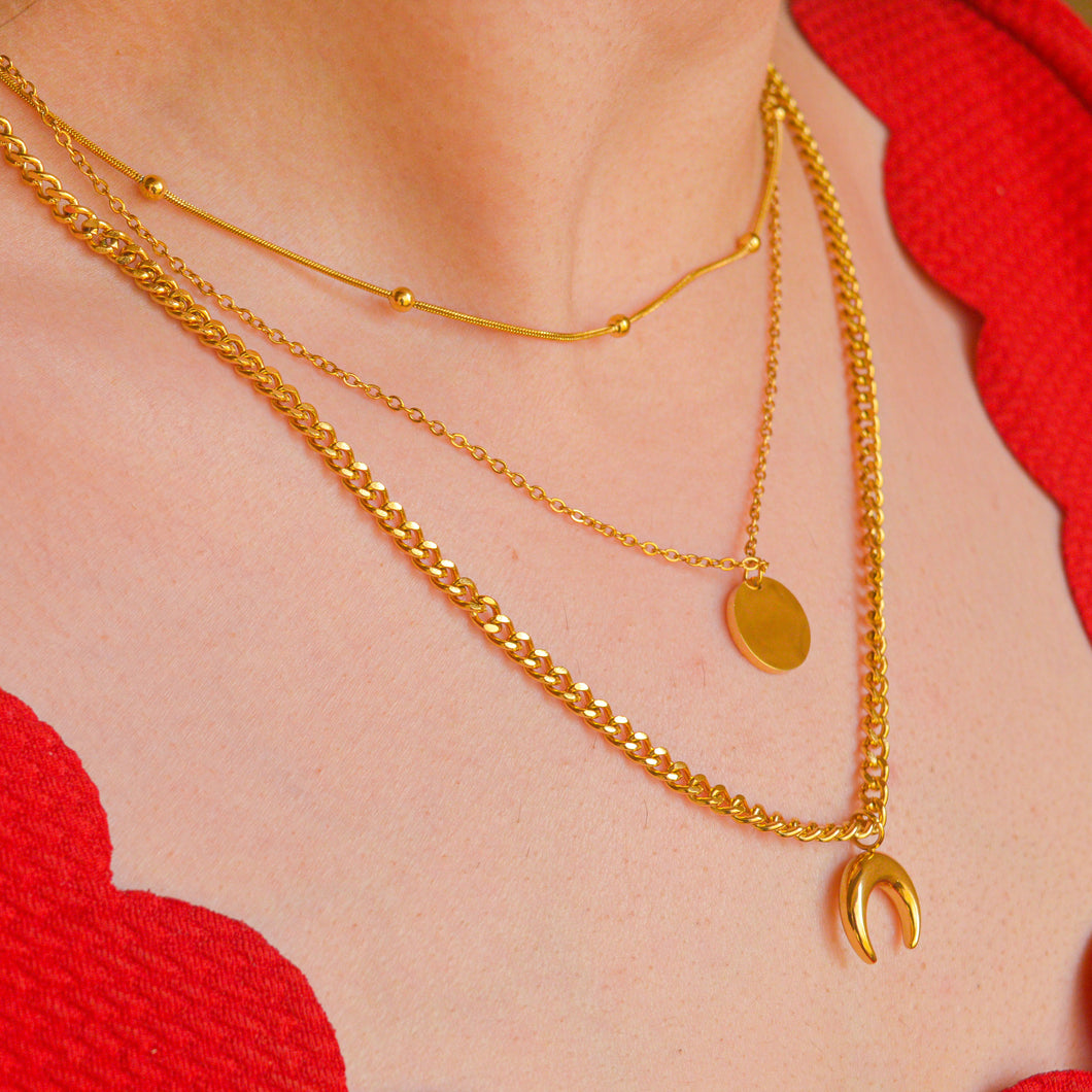 Horse Shoe Half Moon Three Layered Chain Necklace - Gold