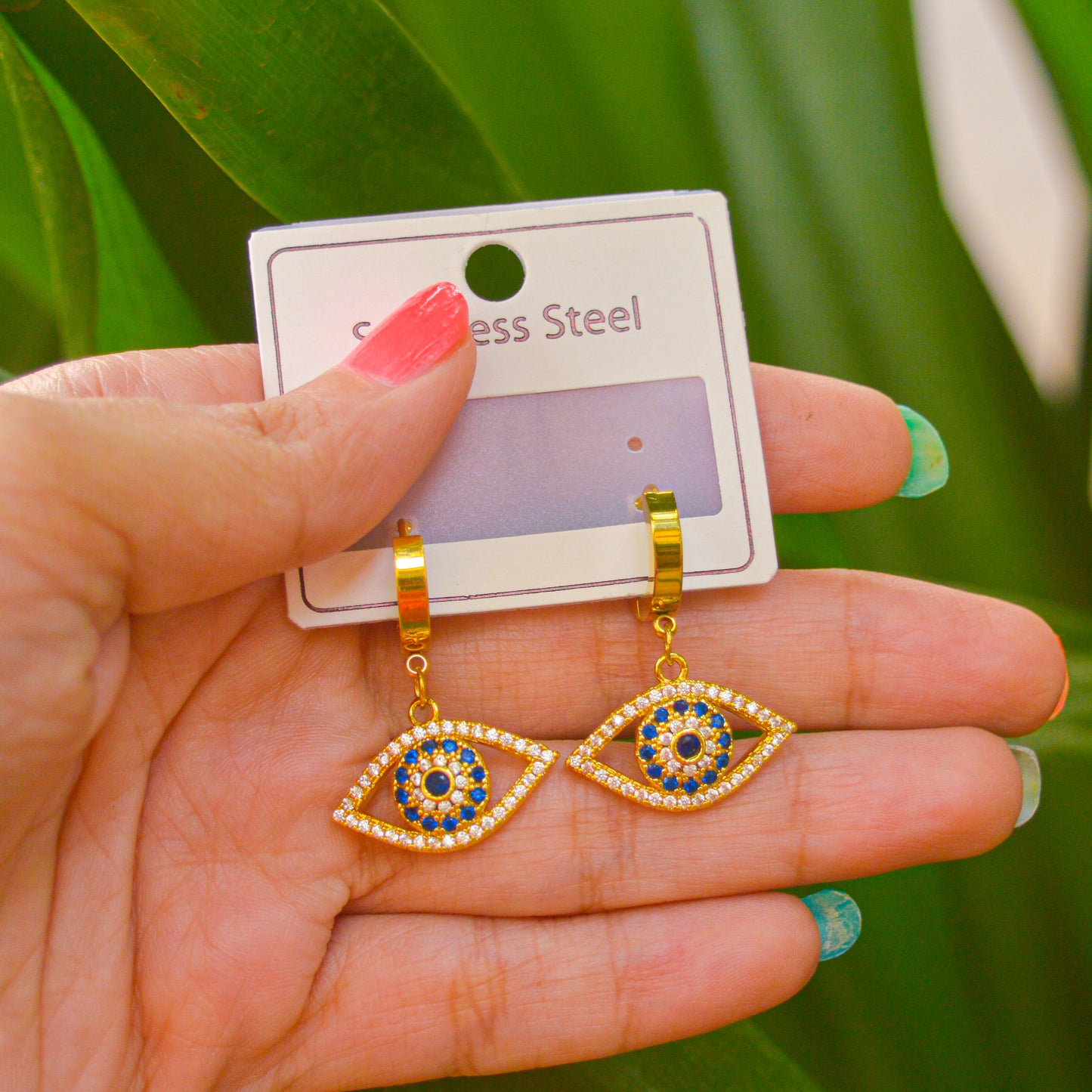 Bold Evil Eye Studded Huggies Earrings ( Gold )