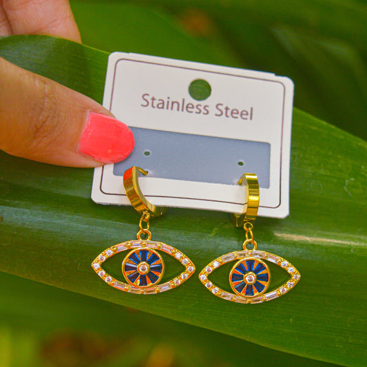 Blue Iris Evil Eye Studded Huggies Earrings ( Gold )