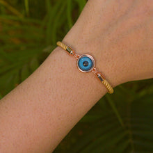 Load image into Gallery viewer, Blue Iris Cream Band Evil Eye Bracelet ( Rose Gold )
