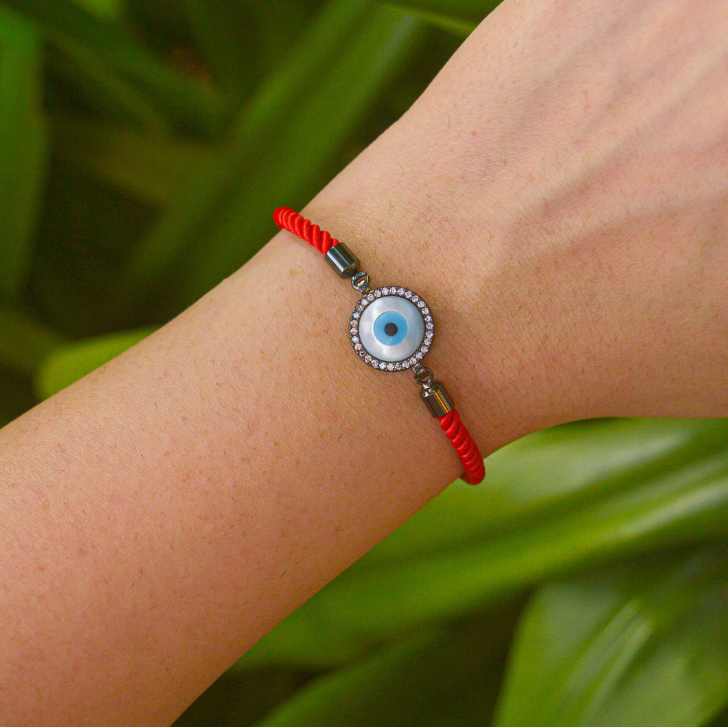 Round Red Band Evil Eye Bracelet ( Black Nickel )
