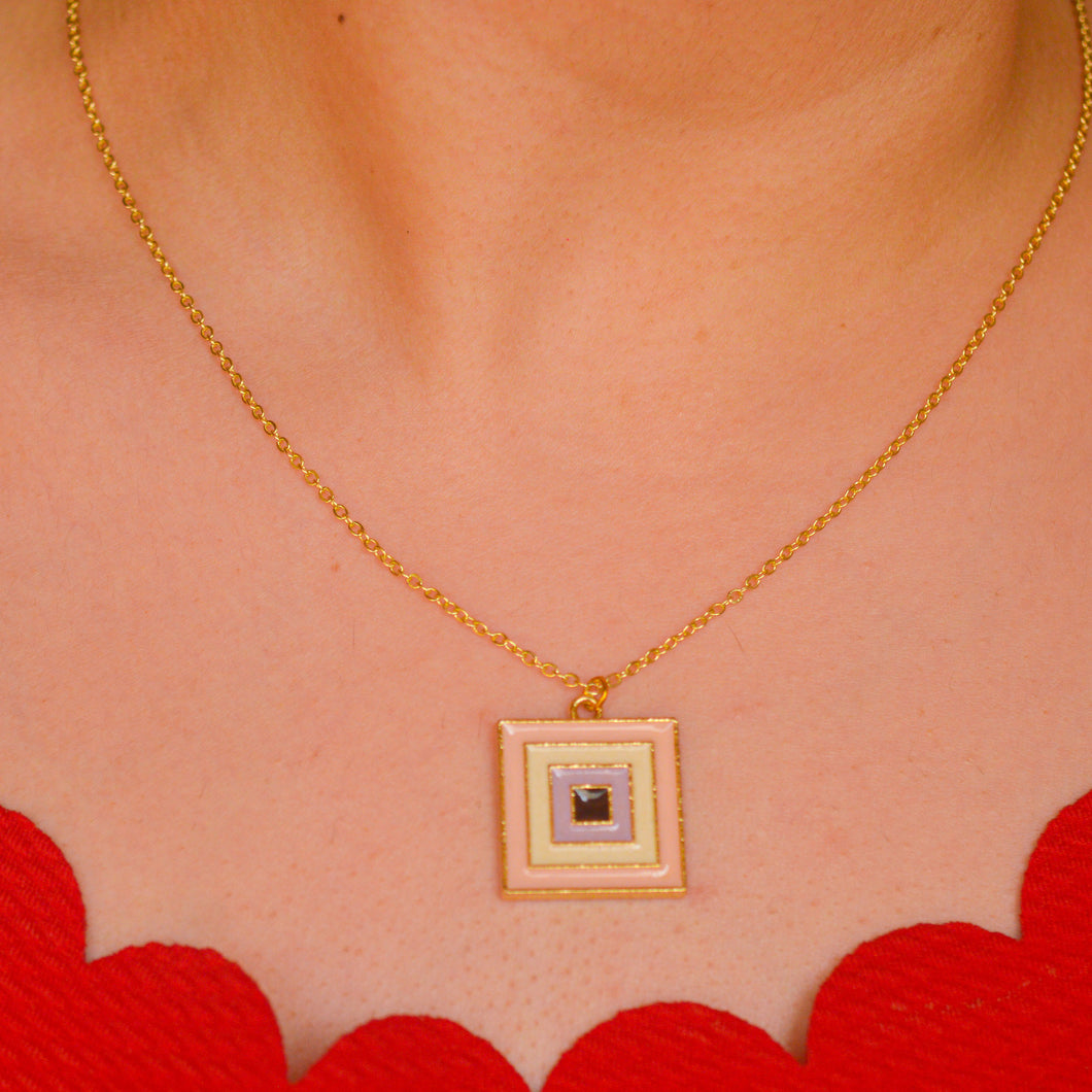 Modern Abstract Pink Square Evil Eye Necklace