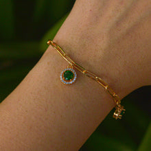 Load image into Gallery viewer, Emerald Green Halo Tri Charm Chain Bracelet ( Gold )
