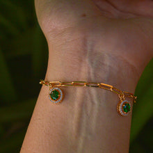 Load image into Gallery viewer, Emerald Green Halo Tri Charm Chain Bracelet ( Gold )
