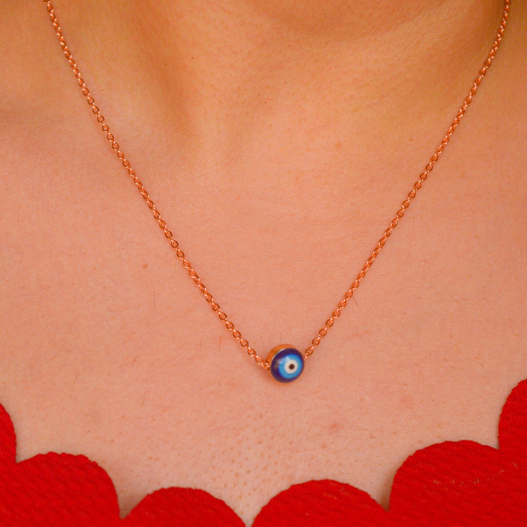 Small Blue Nazar Battu Evil Necklace - Rose Gold