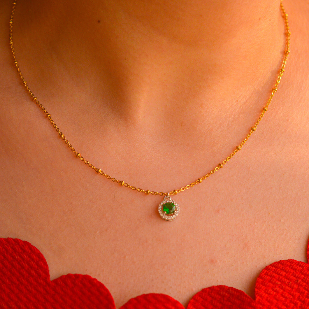 Silver Green Emerald in Gold Beaded Chain Necklace