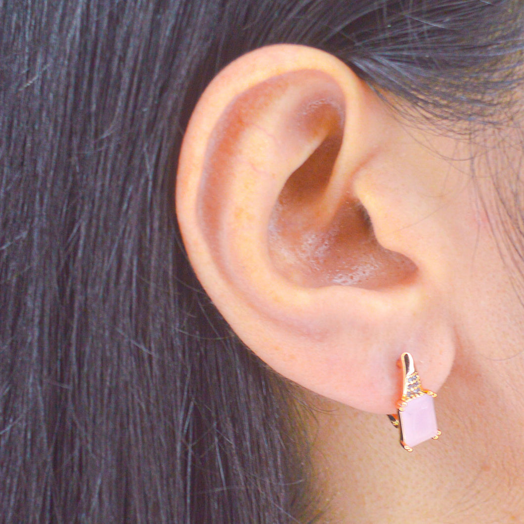 Small Pink Milkstone Studs Bali Hoops Earrings - Gold