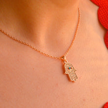 Load image into Gallery viewer, Turquiose Blue Hamsa Hand Evil Eye Necklace - Rose Gold
