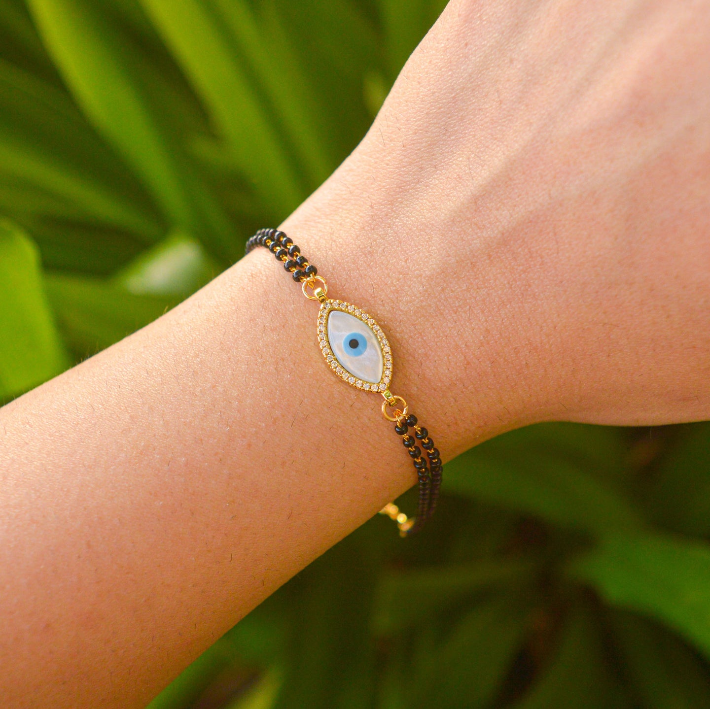 White Pearl Evil Eye Double Mangalsutra  Bracelet ( Gold )