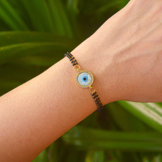 Round Pearl Evil Eye Double Mangalsutra  Bracelet ( Gold )