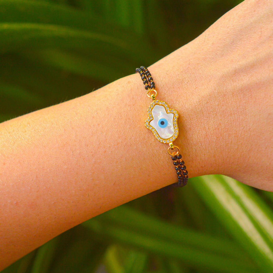 White Hamsa Pearl Evil Eye Double Mangalsutra  Bracelet ( Gold )