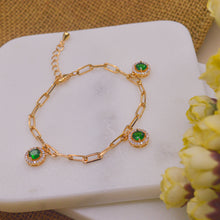 Load image into Gallery viewer, Emerald Green Halo Tri Charm Chain Bracelet ( Gold )
