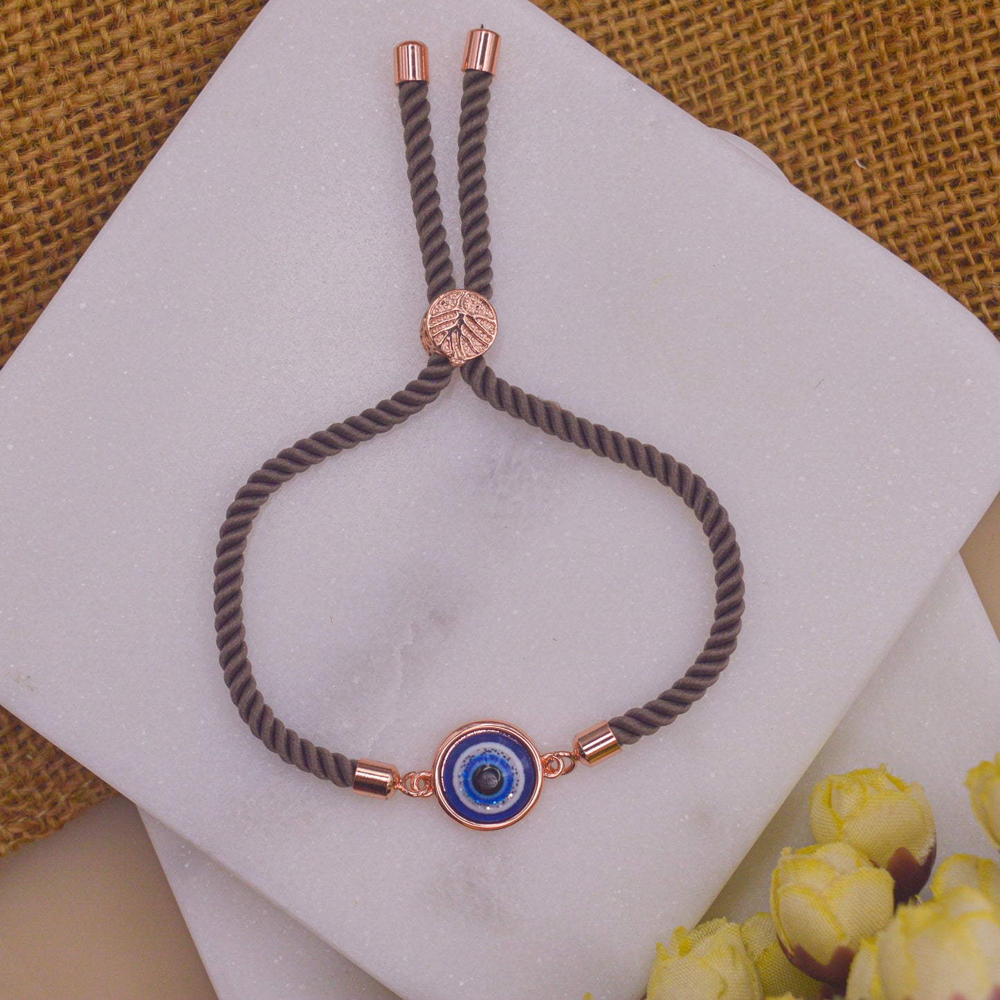Simple Nazar Battu Blue Pearl Evil Eye Bracelet with Band - Rose Gold