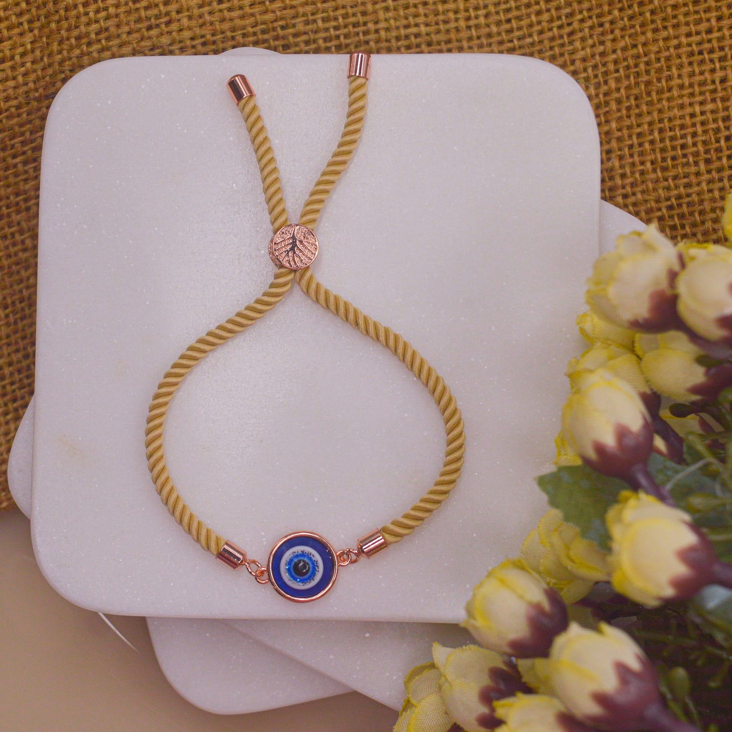 Simple Nazar Battu Blue Pearl Evil Eye Bracelet with Band - Rose Gold