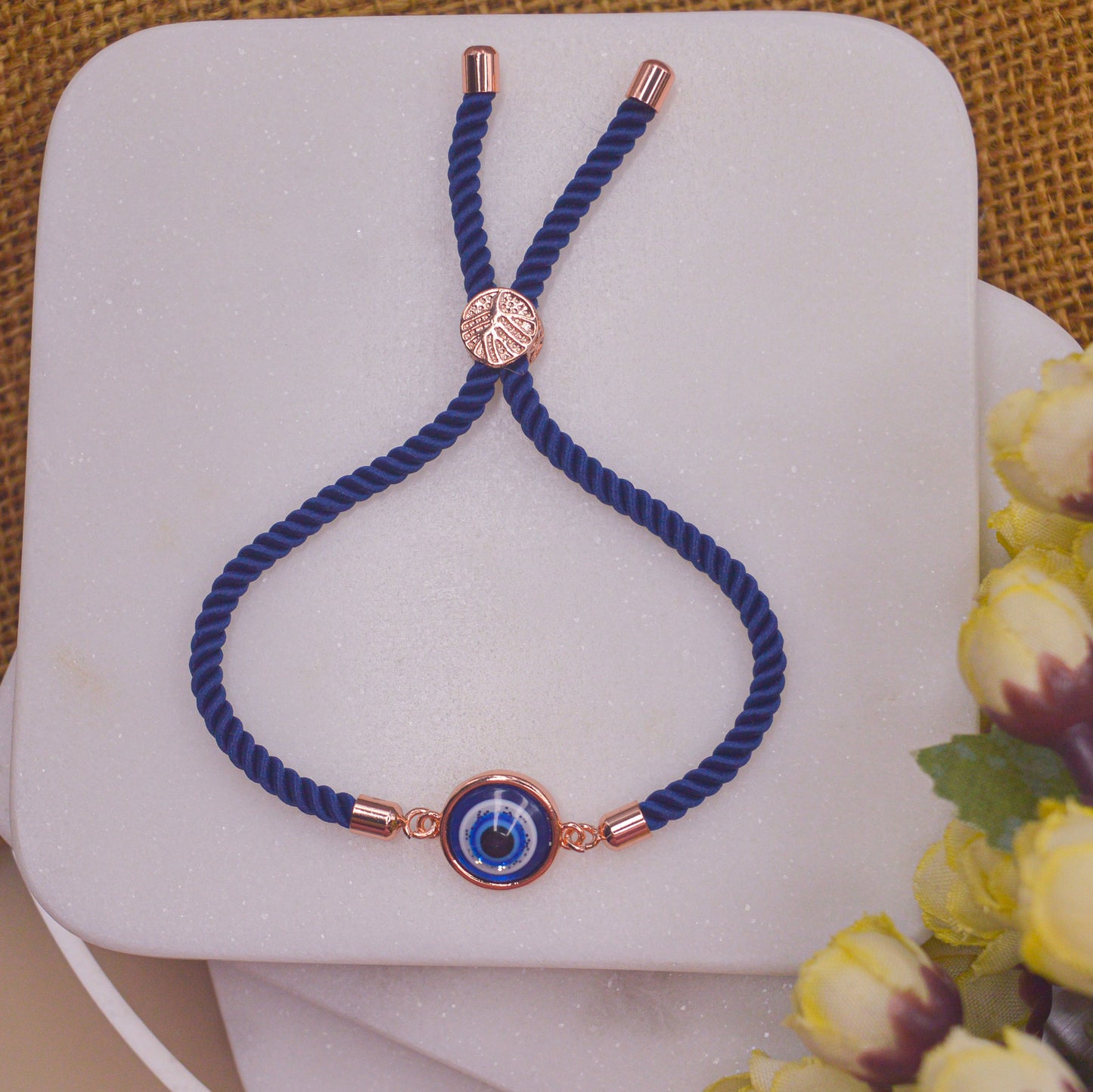 Simple Nazar Battu Blue Pearl Evil Eye Bracelet with Band - Rose Gold