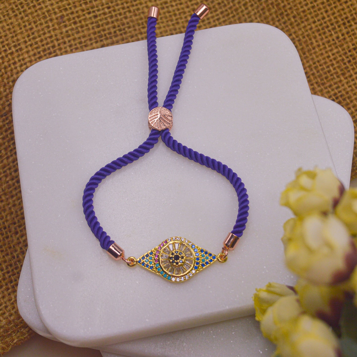 Blue Studded Evil Eye Bracelet with Purple Blue Band - Rose Gold