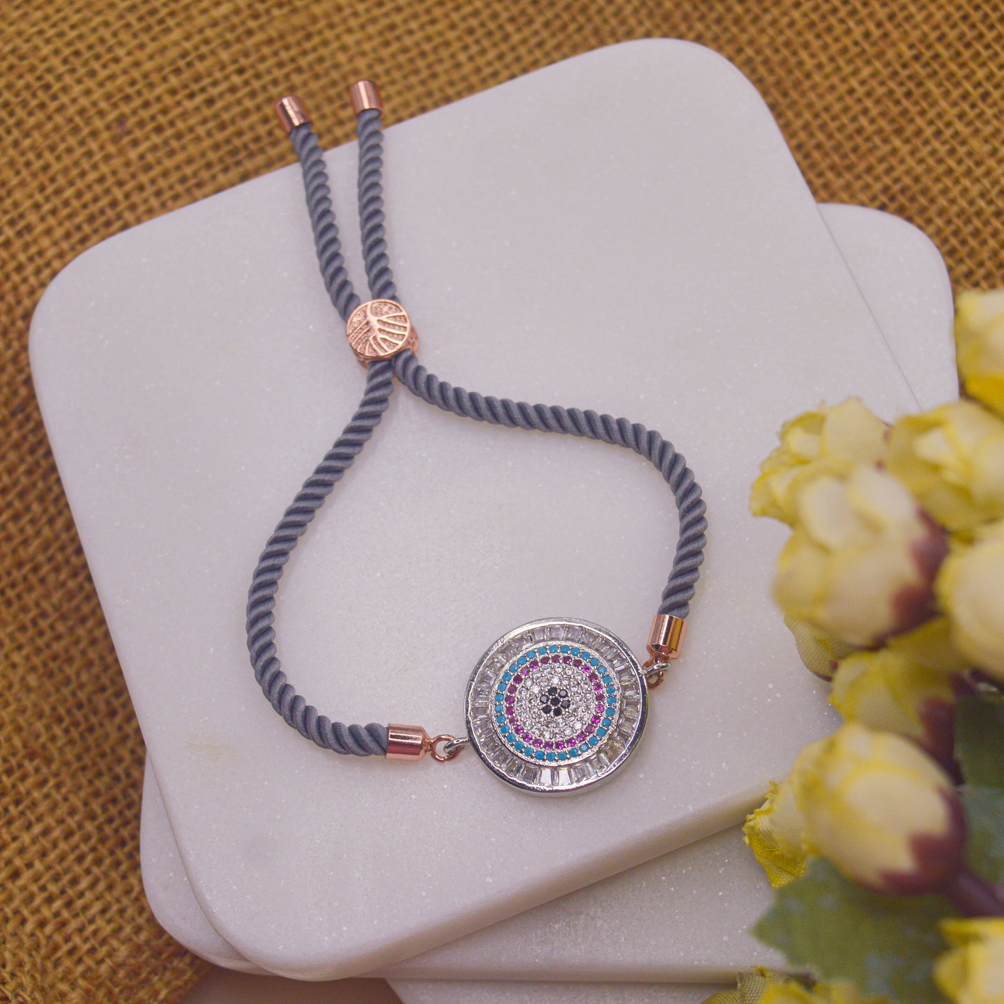 Silver Stylish Evil Eye Bracelet with Grey Band