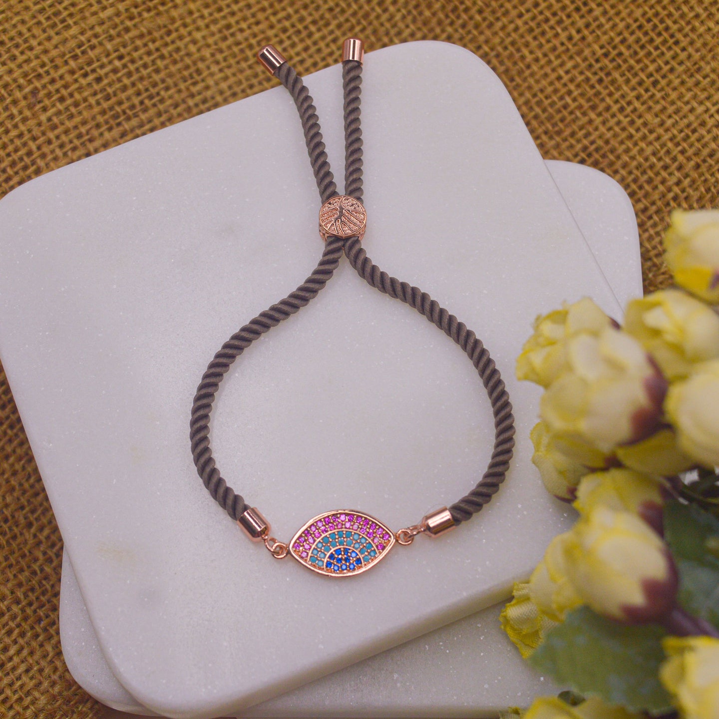 Pink Blue Evil Eye Bracelet Brown Band - Rose Gold