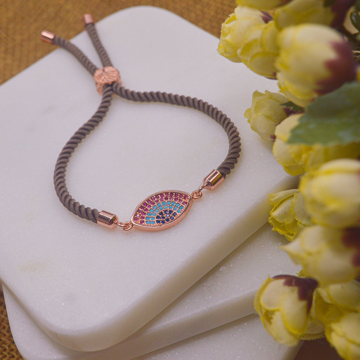 Pink Blue Evil Eye Bracelet Brown Band - Rose Gold
