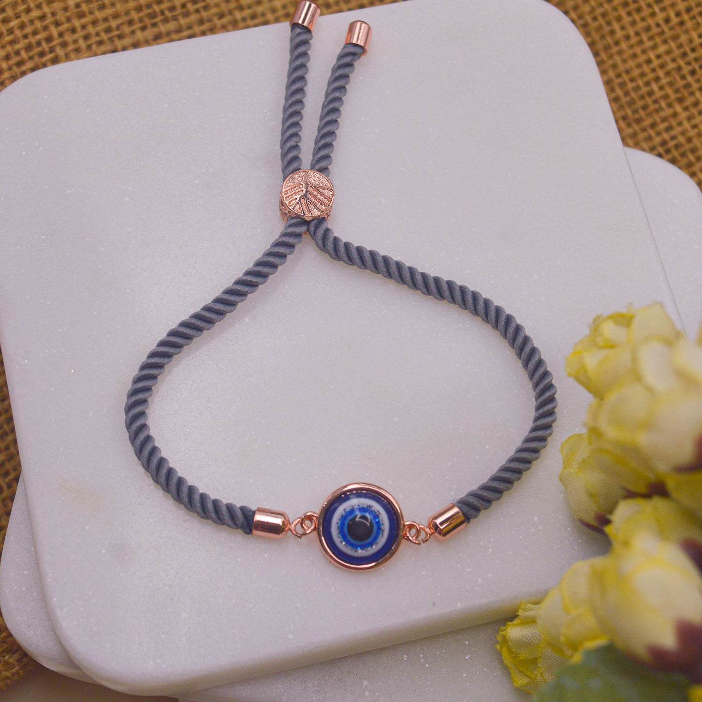 Simple Nazar Battu Blue Pearl Evil Eye Bracelet with Band - Rose Gold