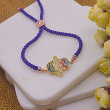 Load image into Gallery viewer, Multi Coloured Diamond Hamsa Hand Evil Eye Bracelet in Purple Blue Band - Rose Gold
