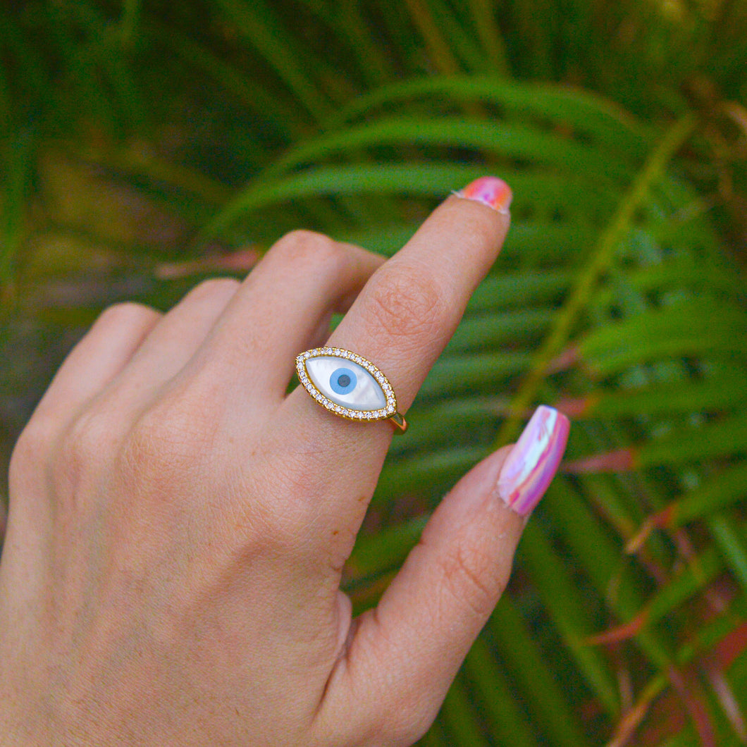 Gold Mother of Pearl Evil Eye Ring ( Gold )