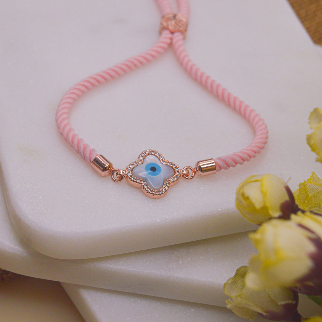 Clover Evil Eye Bracelet in Baby Pink Band - Rose Gold