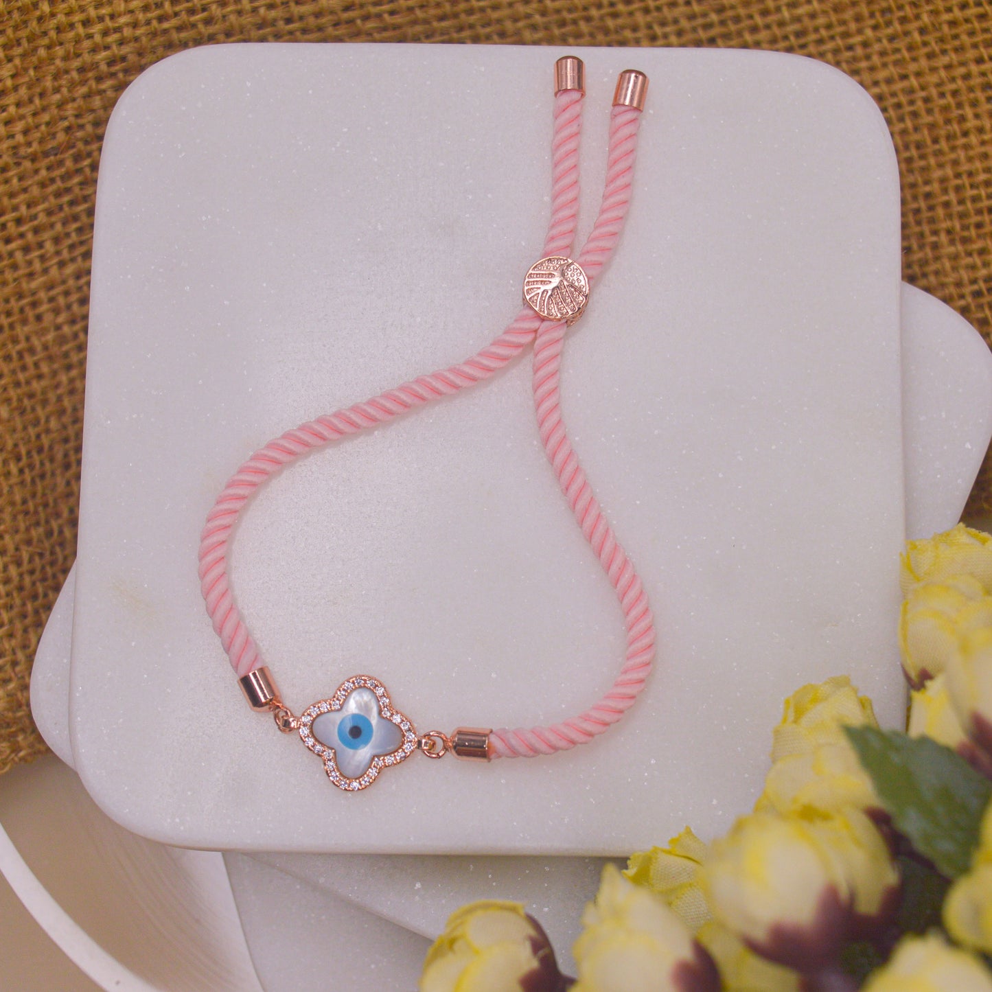 Clover Evil Eye Bracelet in Baby Pink Band - Rose Gold